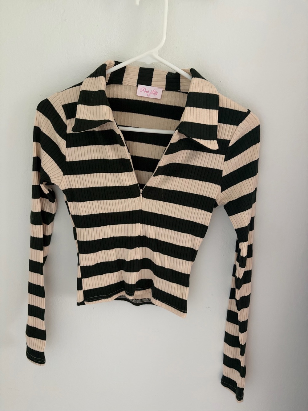 Pink Lily Striped Zip-Front Ribbed Long Sleeve Top